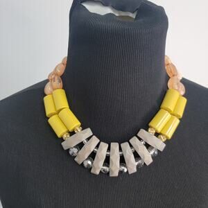 Chunky Yellow, Gray, Pink Statement Vintage Style Necklace